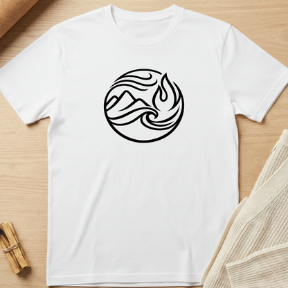 White t-shirt with a black circular design featuring a flame and mountain on a wooden surface. Minimalist yoga apparel by pemuyo.