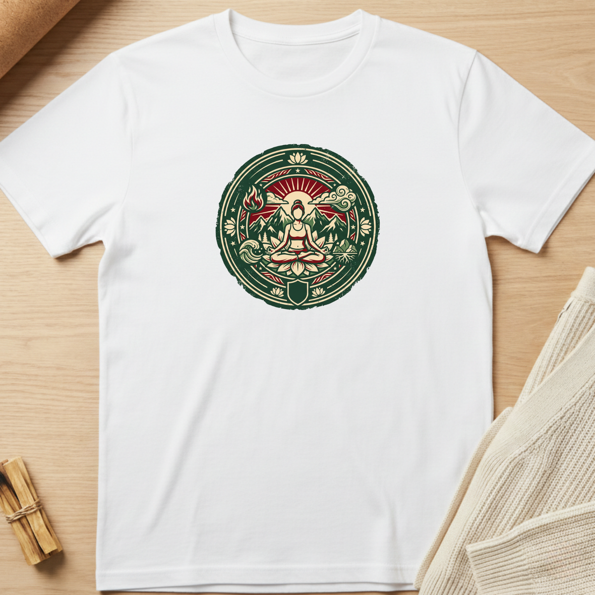 A white short-sleeve crewneck t-shirt laid flat on a light wood surface, featuring a circular green and red graphic of a meditating figure on the chest. Styled flat-lay props include a rolled tan fabric in the top-left and a folded cream knit textile in the bottom-right. Minimalist yoga apparel by pemuyo.