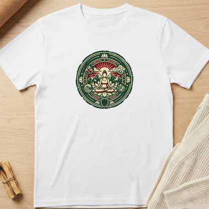 A white short-sleeve crewneck t-shirt laid flat on a light wood surface, featuring a circular green and red graphic of a meditating figure on the chest. Styled flat-lay props include a rolled tan fabric in the top-left and a folded cream knit textile in the bottom-right. Minimalist yoga apparel by pemuyo.