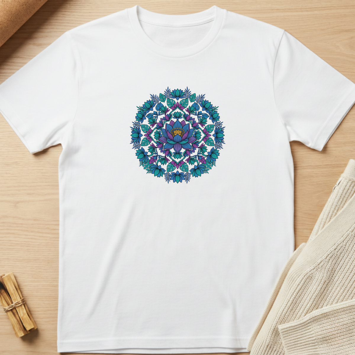 A white short-sleeve crewneck t-shirt laid flat on a light wood surface, featuring a colorful circular mandala graphic in shades of blue, teal, and purple on the chest. Styled flat-lay props include a rolled brown paper roll in the top-left corner and a beige knit fabric in the bottom-right corner. Minimalist yoga apparel by pemuyo.