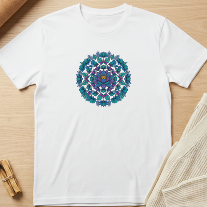 A white short-sleeve crewneck t-shirt laid flat on a light wood surface, featuring a colorful circular mandala graphic in shades of blue, teal, and purple on the chest. Styled flat-lay props include a rolled brown paper roll in the top-left corner and a beige knit fabric in the bottom-right corner. Minimalist yoga apparel by pemuyo.