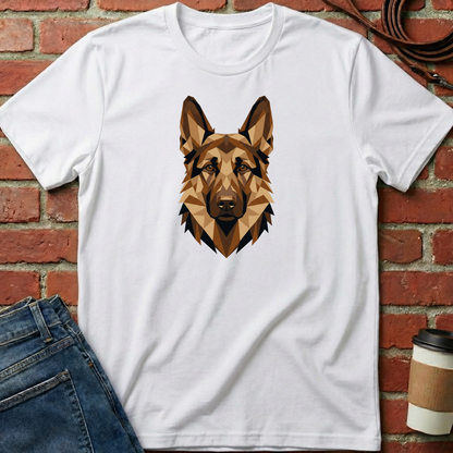 White t-shirt with a geometric dog design on a brick wall background. Minimalist dog apparel by pemuyo.