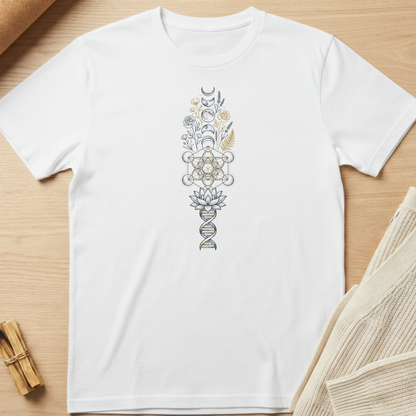 White t-shirt with a floral and geometric design on a wooden surface. Minimalist yoga apparel by pemuyo.