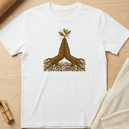 White t-shirt with a tree graphic on a wooden surface. Minimalist yoga apparel by pemuyo.