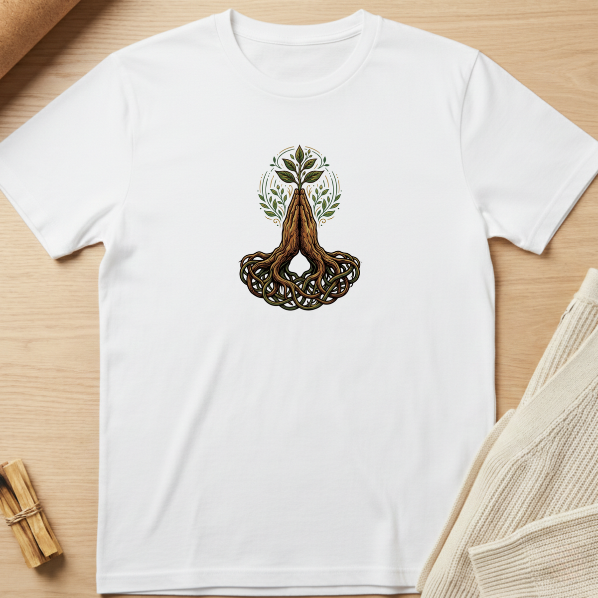 A white short-sleeve crewneck t-shirt laid flat on a light wood surface, featuring a central graphic of a meditating figure with roots and a tree of life design. Minimalist yoga apparel by pemuyo.
