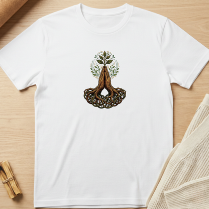 A white short-sleeve crewneck t-shirt laid flat on a light wood surface, featuring a central graphic of a meditating figure with roots and a tree of life design. Minimalist yoga apparel by pemuyo.