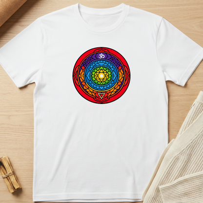 White t-shirt with a colorful mandala design on a wooden surface. Minimalist yoga apparel by pemuyo.