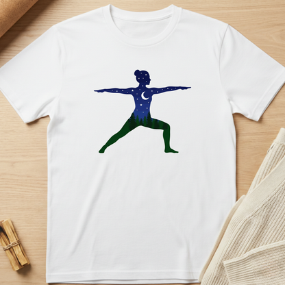 White t-shirt with a graphic design of a person in a yoga pose on a wooden surface. Minimalist yoga apparel by pemuyo.