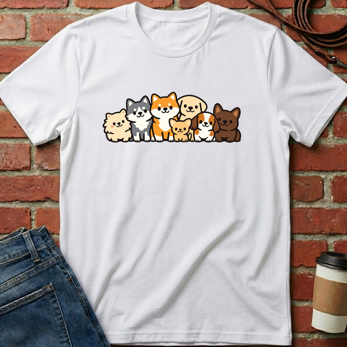 White t-shirt with cartoon dog design on a brick wall background. Minimalist dog apparel by pemuyo.