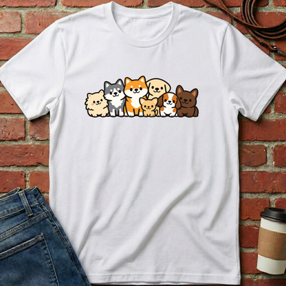 White t-shirt with cartoon dog design on a brick wall background. Minimalist dog apparel by pemuyo.