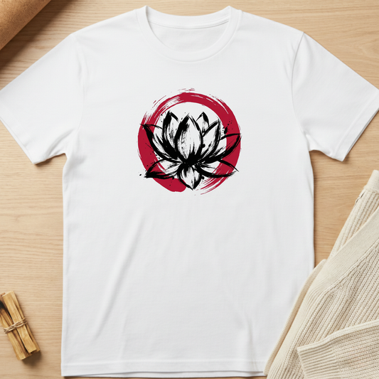 White t-shirt with black and red lotus flower design on a wooden surface. Minimalist yoga apparel by pemuyo.