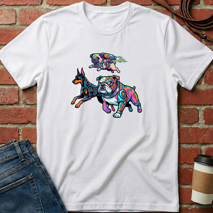 White t-shirt with colorful dog graphics on a brick wall background. Minimalist dog apparel by pemuyo.