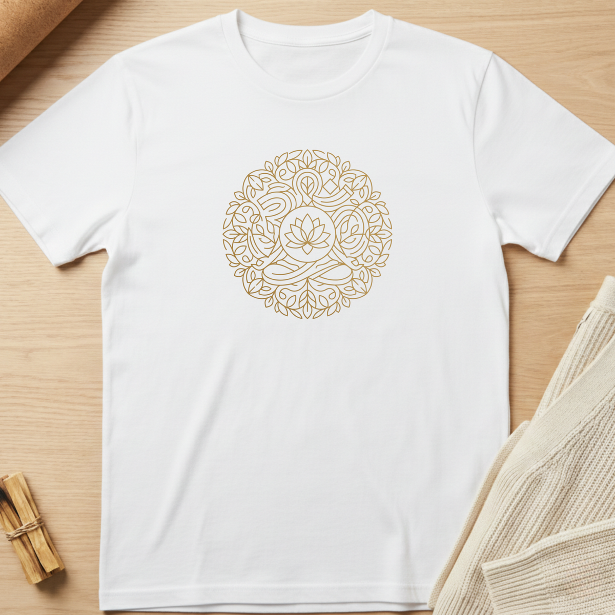 A white short-sleeve crewneck t-shirt with a gold circular mandala-style graphic printed on the chest, laid flat on a light wood background with neutral props. Minimalist yoga apparel by pemuyo.