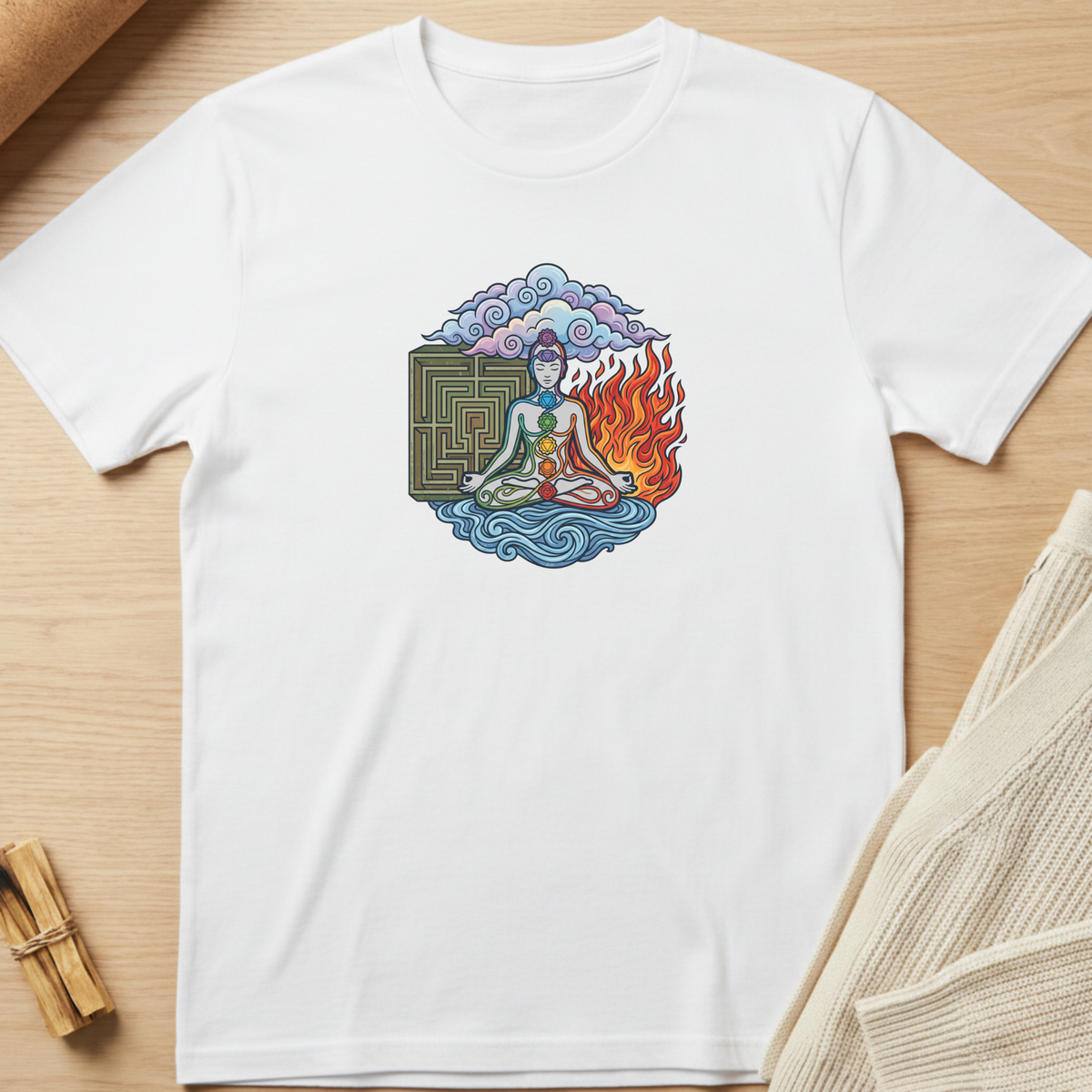 A white short-sleeve crewneck t-shirt laid flat on a light wood surface, featuring a colorful graphic of a meditating figure surrounded by clouds, a maze, and flames on the chest. Minimalist yoga apparel by pemuyo.