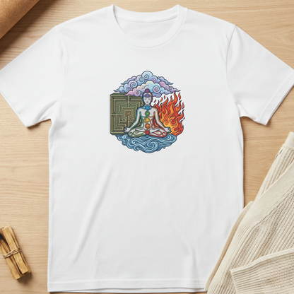 A white short-sleeve crewneck t-shirt laid flat on a light wood surface, featuring a colorful graphic of a meditating figure surrounded by clouds, a maze, and flames on the chest. Minimalist yoga apparel by pemuyo.