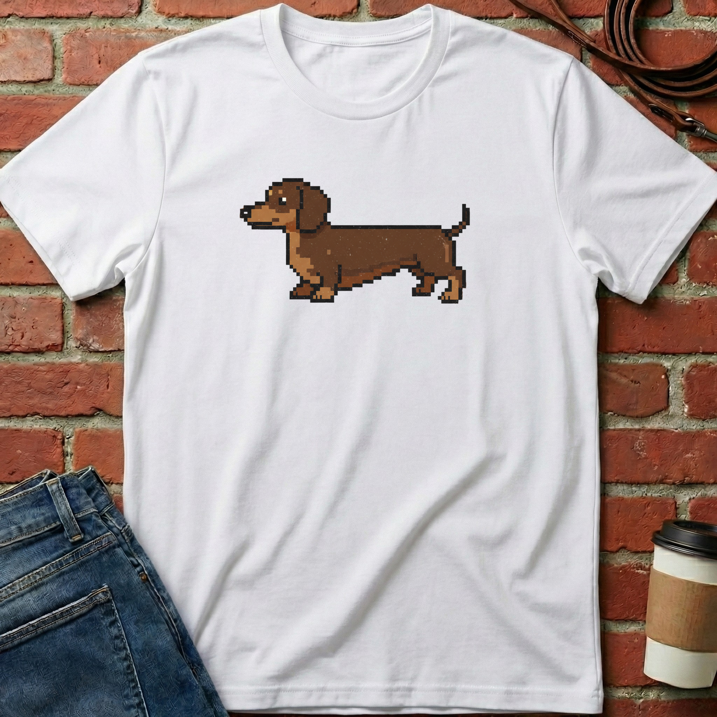 White t-shirt with a pixelated dachshund graphic on a brick wall background. Minimalist dog apparel by pemuyo.