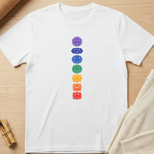 White t-shirt with colorful chakra symbols on a wooden surface. Minimalist yoga apparel by pemuyo.