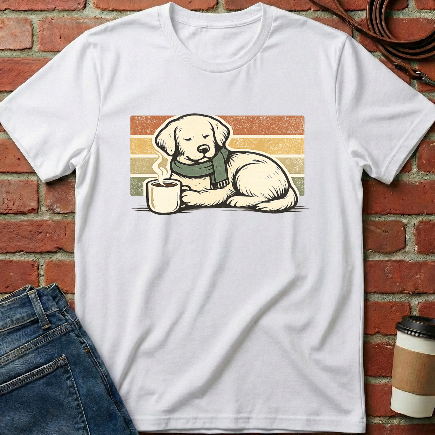White t-shirt with a dog graphic holding a coffee cup on a brick wall background. Minimalist dog apparel by pemuyo.