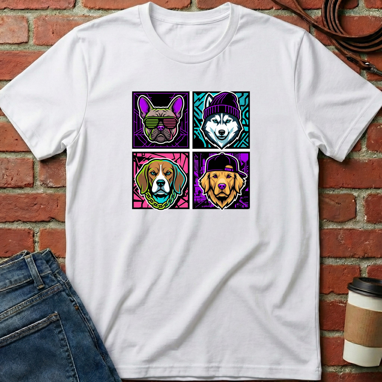 White t-shirt with colorful dog illustrations on a brick wall background. Minimalist dog apparel by pemuyo.