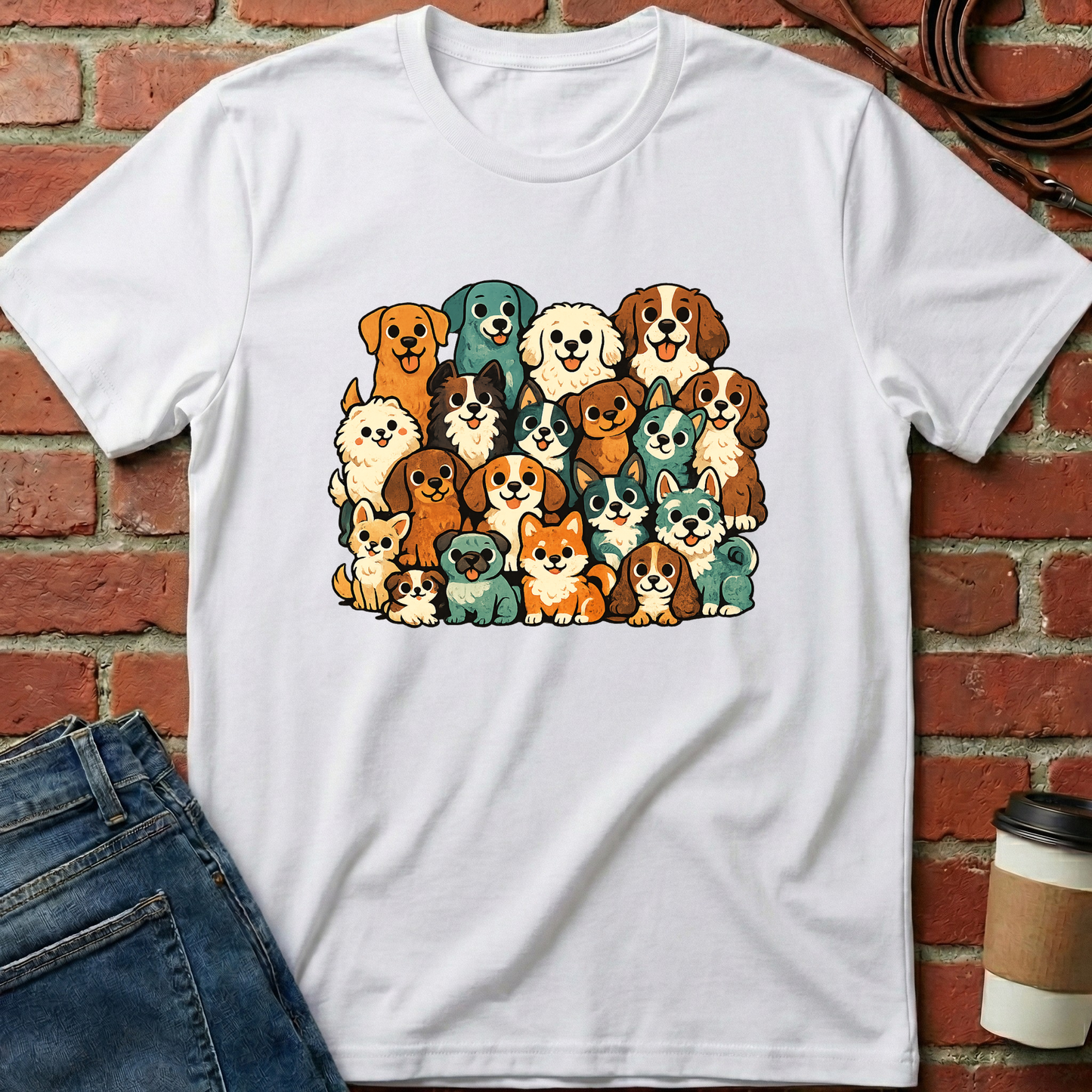 White t-shirt with colorful dog illustration on a brick wall background. Minimalist dog apparel by pemuyo.