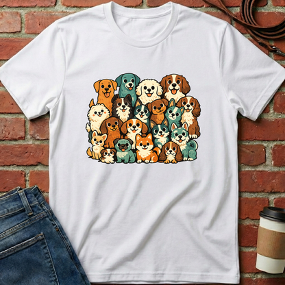 White t-shirt with colorful dog illustration on a brick wall background. Minimalist dog apparel by pemuyo.