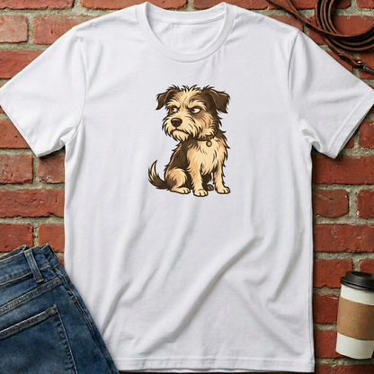 White t-shirt with a dog graphic on a brick wall background. Minimalist dog apparel by pemuyo.