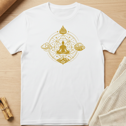 White t-shirt with gold Buddha design on a wooden surface. Minimalist yoga apparel by pemuyo.