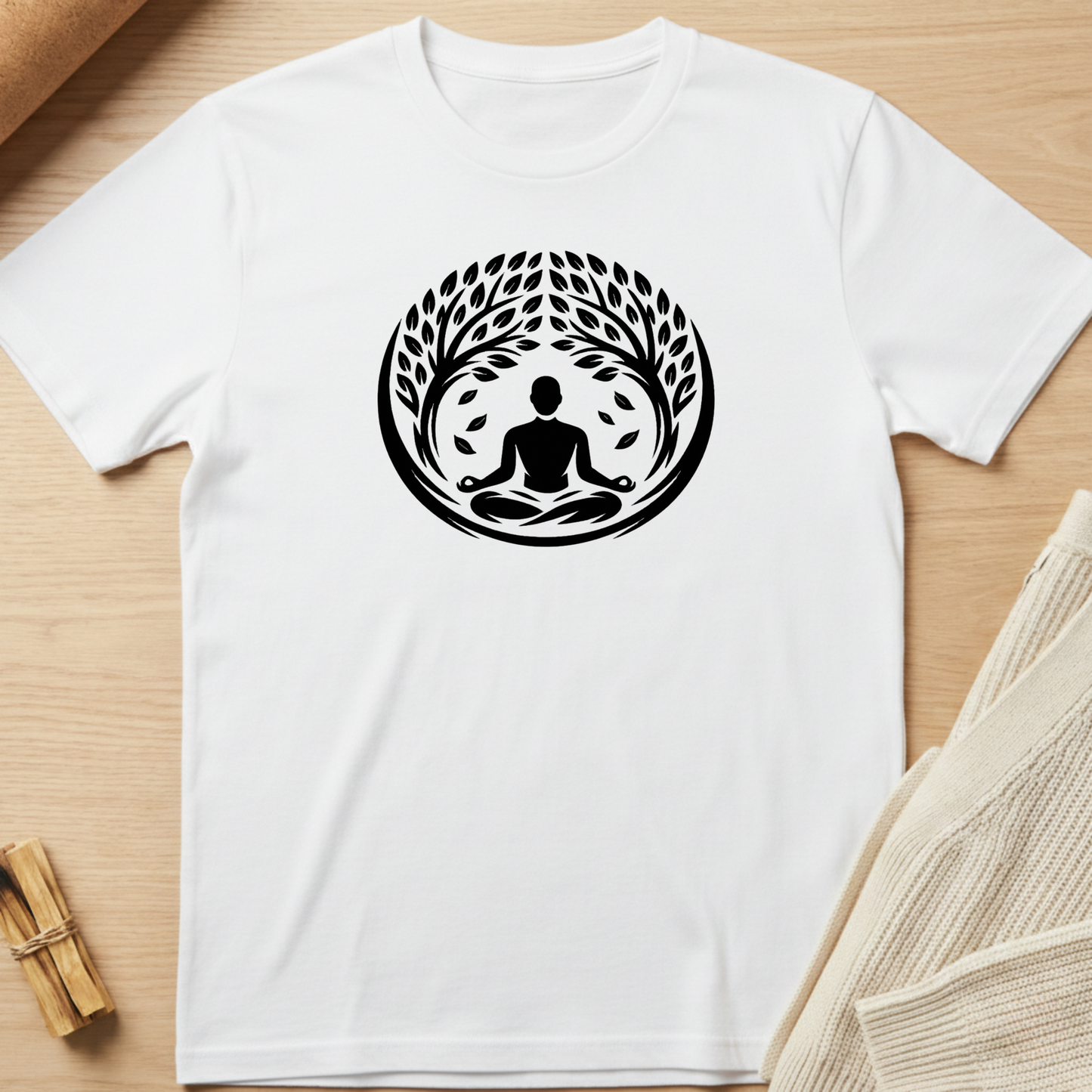 White t-shirt with a black meditation graphic on a wooden surface. Minimalist yoga apparel by pemuyo.