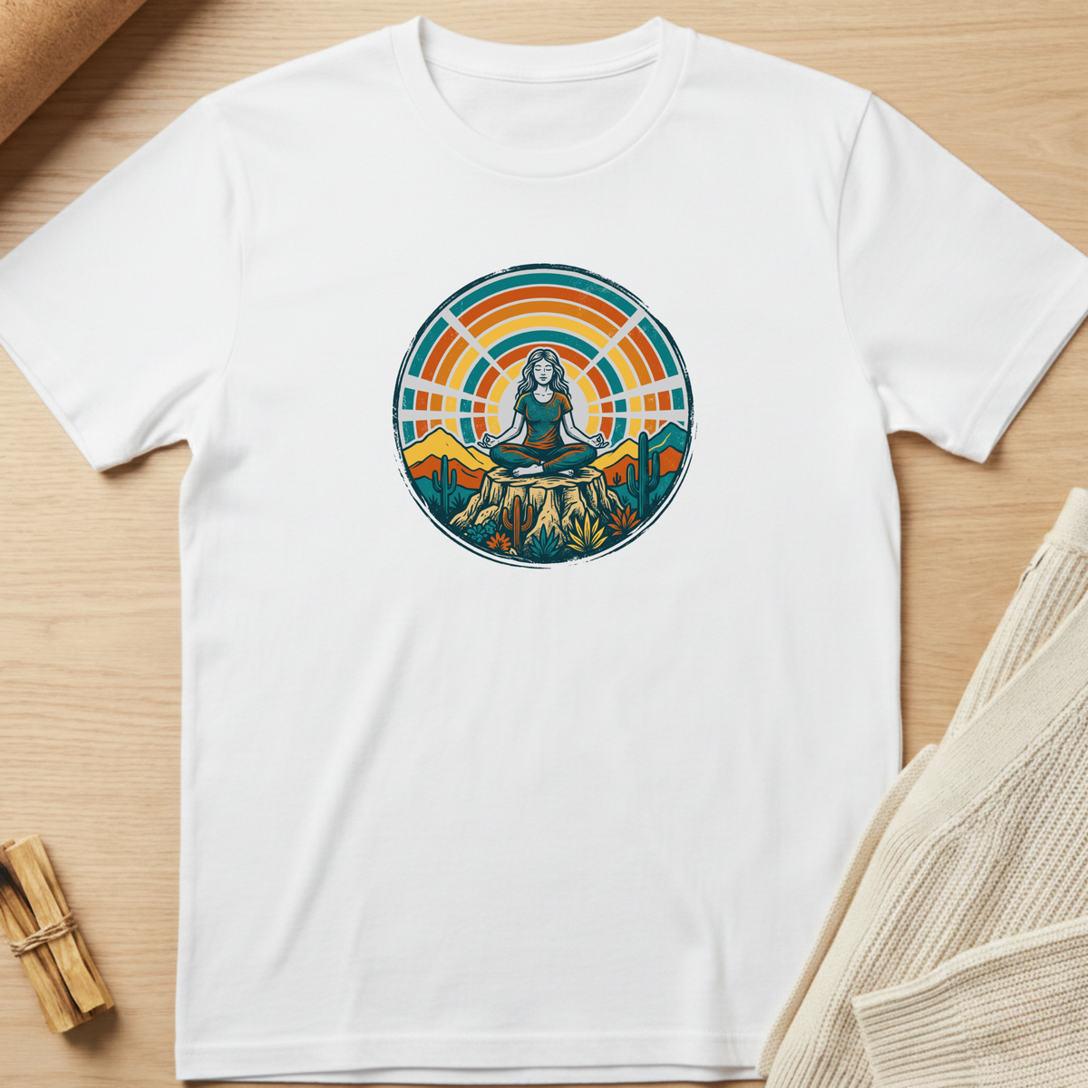 A white short-sleeve crewneck t-shirt laid flat on a light wood surface, featuring a colorful circular graphic of a meditating woman surrounded by mountains and a sunset. Minimalist yoga apparel by pemuyo.