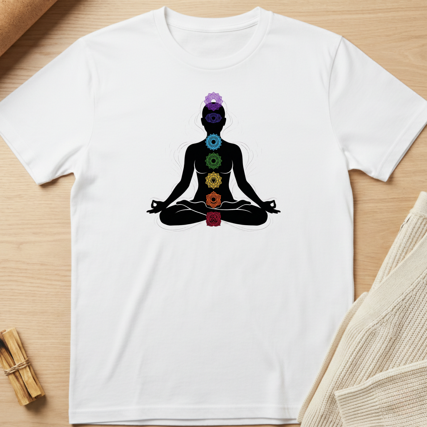 White t-shirt with a black silhouette of a person in lotus position with chakra symbols on a wooden surface. Minimalist yoga apparel by pemuyo.