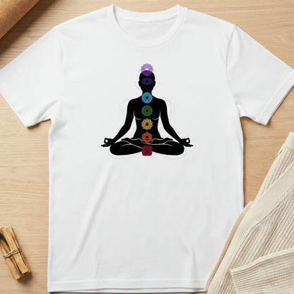 White t-shirt with a black silhouette of a person in lotus position with chakra symbols on a wooden surface. Minimalist yoga apparel by pemuyo.