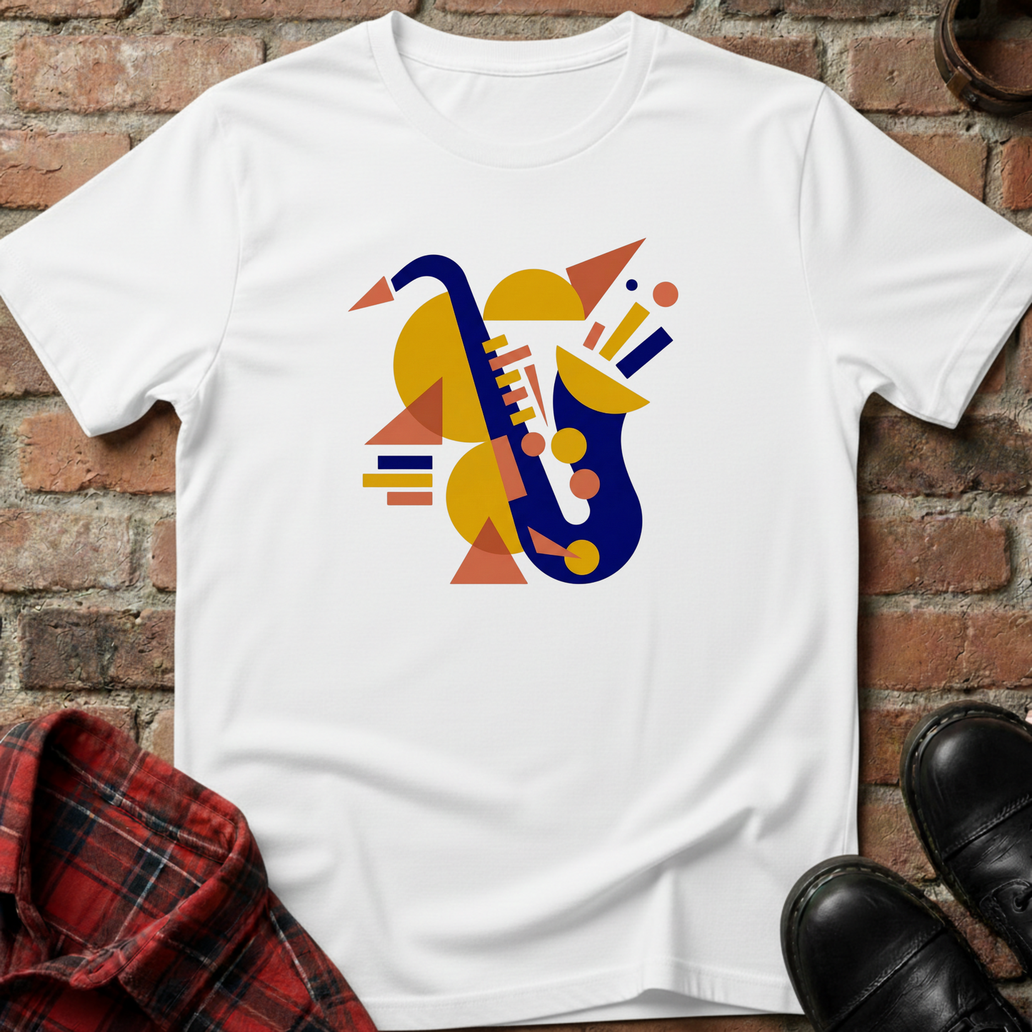 White t-shirt with colorful saxophone design on a brick surface. Minimalist music apparel by pemuyo.