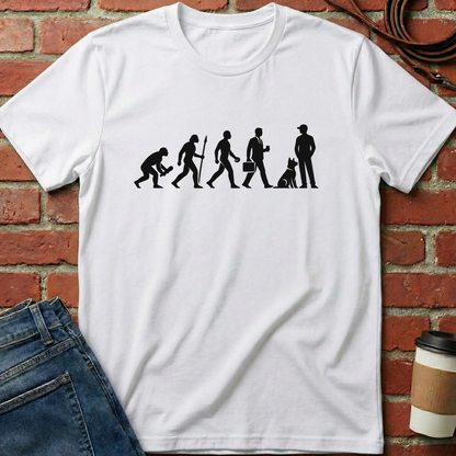 White t-shirt with black graphic design on a brick wall background. Minimalist dog apparel by pemuyo.